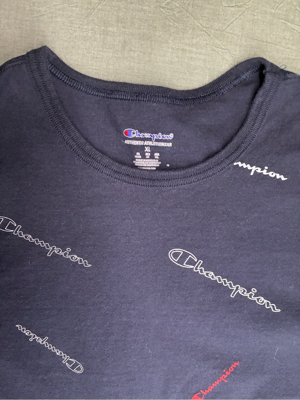 Champion Navy All-Over Logo Print T-Shirt Mens XL Spellout Graphic Tee - Picture 2 of 6